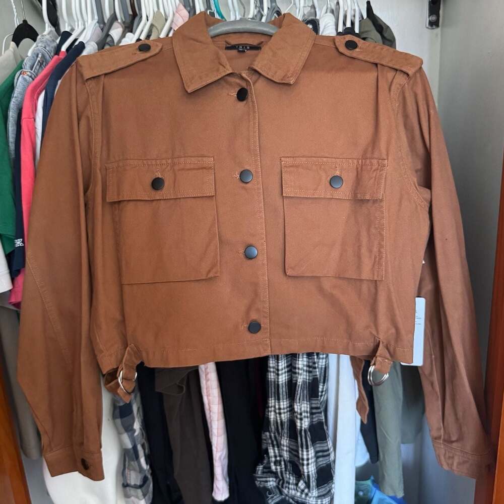 Iris Basic Brown Cropped Utility Jacket with Button Front and Pockets